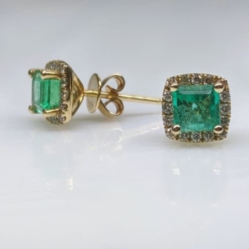 E696 - Cushion Halo with Emerald Cut Stone Stud Earrings